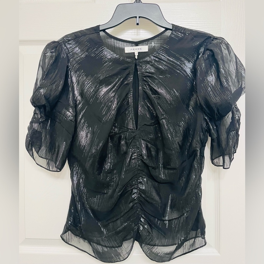 FRAME Black Chic Silk Textured short sleeve Blouse,Size L